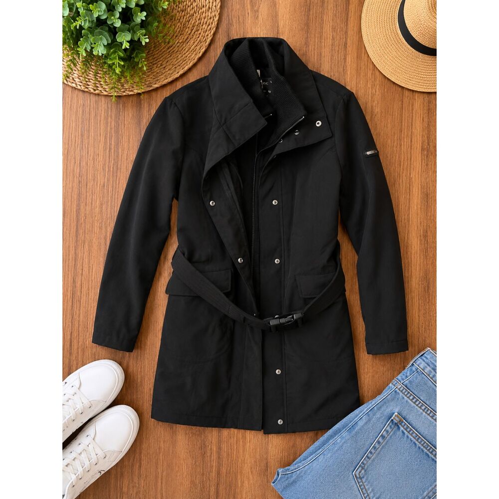 Calvin Klein Black Belted Soft Shell Trench Coat Jacket Women's Medium